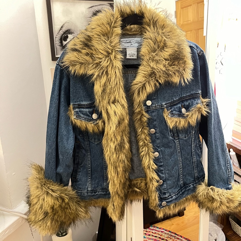 Tasha Polizzi Denim Jacket with Golden Faux Fur Trim